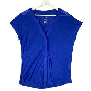 FINE‎ COLLECTION Button Up Womens SZ S Modal Silk Navy Sheer V-Neck Sleeveless